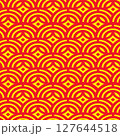Seamless oriental Chinese pattern with red and yellow arcs and diamond shapes in traditional festive background design 127644518