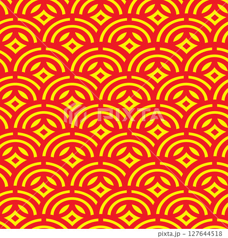Seamless oriental Chinese pattern with red and yellow arcs and diamond shapes in traditional festive background design 127644518