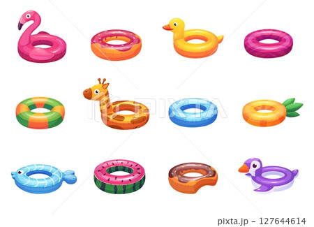 Cartoon swimming rings. Rubber ring for swim and play in water. Inflatable circle different animals and food, pineapple, flamingo, nowaday vector clipart 127644614