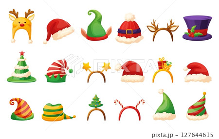 Christmas cartoon headband. Isolated xmas party head accessories, santa elf and deer hats. New year holidays design, photo booth nowaday vector set 127644615