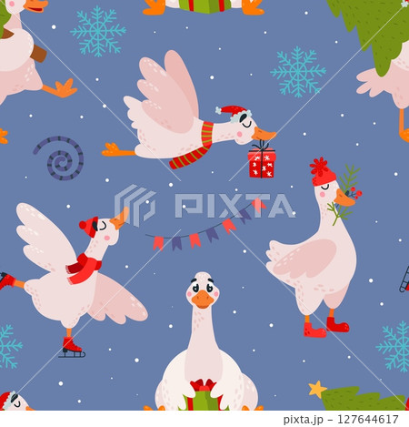 Christmas geese seamless pattern. Funny goose with new year gift, fir tree branch and gift box. Print for fabric, wallpaper, cartoon classy vector background 127644617