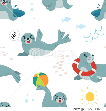 Cartoon funny seals seamless pattern. Baby seal play and laugh. Cute underwater arctic animals. Animalistic print for fabric design, classy vector background Cartoon funny seals seamless pattern. Baby seal play and laugh. Cute underwater arctic animals. Animalistic print for fabric design, classy vector background 127644619