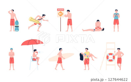 Lifeguard beach characters. Rescue men in swimsuits, with binoculars and megaphones. Rescuers, first aid, save person life on water, recent vector set 127644622