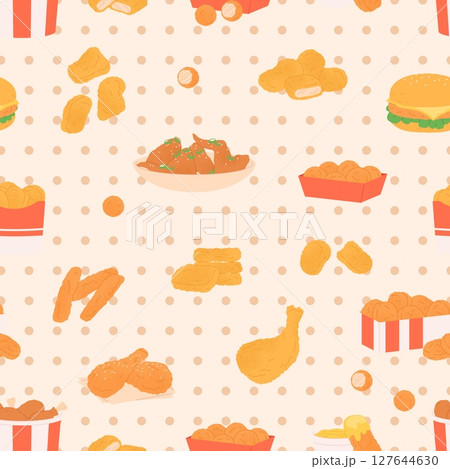 Chicken fried seamless pattern. Fast food meals, different parts of breaded chicken, croquettes and nuggets. Print design, vector background Chicken fried seamless pattern. Fast food meals, different parts of breaded chicken, croquettes and nuggets. Print design, vector background 127644630