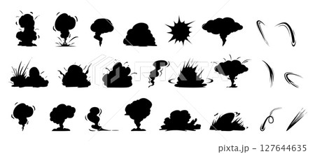 Black explosions silhouettes. Isolated smoke icons, explosion, steams and fog. Different effects for games and decor, energetic blow flashes, vector clipart Black explosions silhouettes. Isolated smoke icons, explosion, steams and fog. Different effects for games and decor, energetic blow flashes, vector clipart 127644635