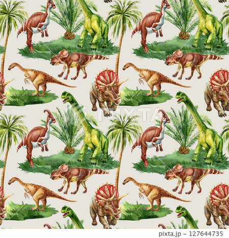 Watercolor seamless pattern with various dinosaurs palm trees and prehistoric plants wildlife background Trendy textile print Watercolor seamless pattern with various dinosaurs palm trees and prehistoric plants wildlife background Trendy textile print 127644735