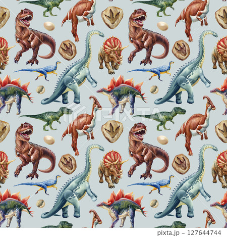 Watercolor seamless dinosaur pattern with tyrannosaurus brachiosaurus stegosaurs and fossil prints Vintage background Watercolor seamless dinosaur pattern with tyrannosaurus brachiosaurus stegosaurs and fossil prints Vintage background 127644744