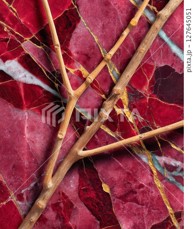 Rosso Levanto marble background with expressive golden veins, deep red luxury stone closeup, classic decorative mineral pattern, natural slab texture for elegant design and interiors 127645051