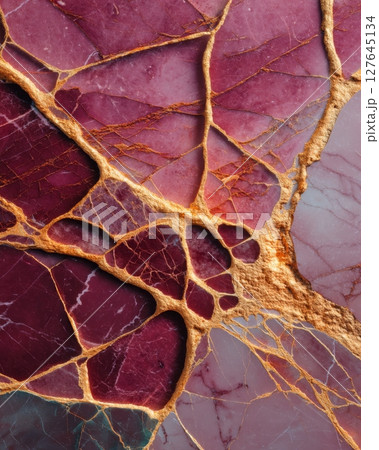 Textured Rosso Levanto marble with red and purple mineral clusters and gold veins 127645134