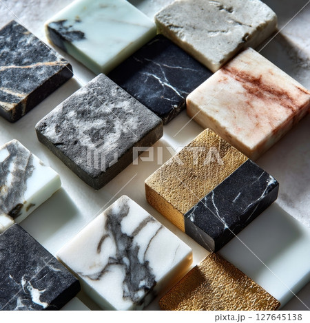 Textured marble and stone tile samples with various finishes in elegant layout 127645138