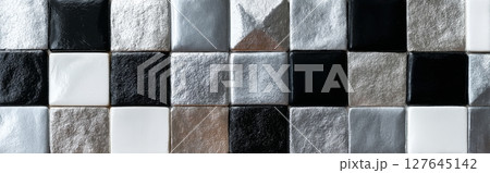 Polished checkerboard tile background in grayscale tones with reflective texture 127645142