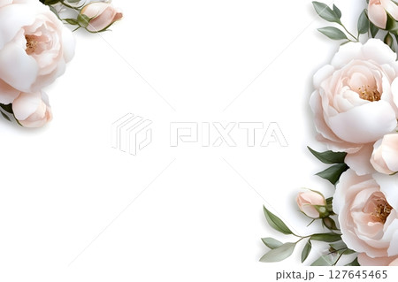 Elegant illustration featuring soft pink roses and green leaves on a white background. Perfect for wedding invitations, greeting cards, floral decorations, or romantic designs. 127645465