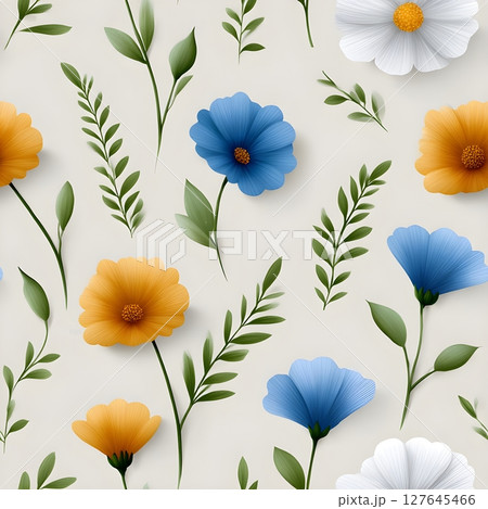 Seamless illustration of colorful flowers and green leaves on a light background. Features blue, yellow, and white blossoms. Perfect for textiles, packaging, or nature-inspired designs. 127645466