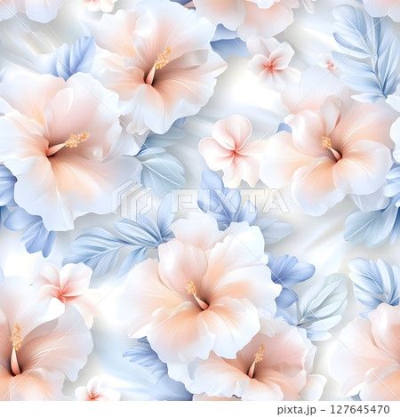 Elegant floral illustration with peach and ivory hibiscus flowers, soft blue leaves, and a white pastel background. Perfect for wedding designs, invitations, or delicate decorative themes. 127645470