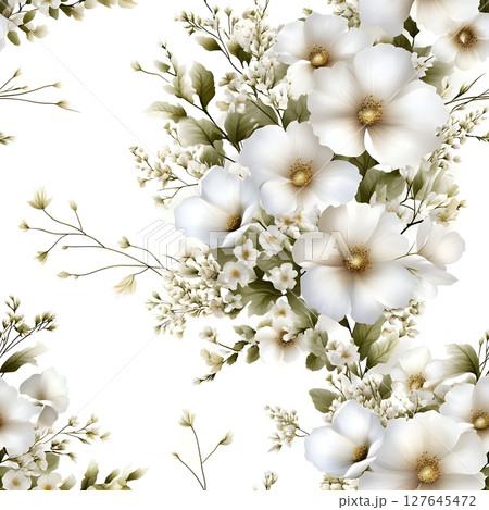 Seamless floral pattern with white blooming flowers and green leaves on a white background. Perfect for wedding invitations, fabric prints, romantic designs, and elegant decor projects. 127645472