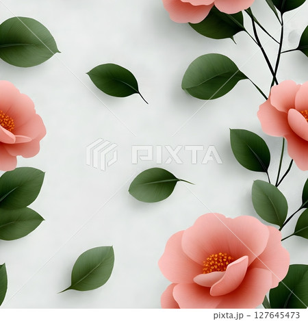 Delicate illustration of pink flowers with green leaves on a white background. Ideal for wedding invitations, floral designs, romantic decor, or feminine-themed projects. 127645473