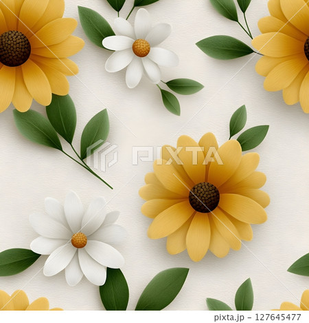 Seamless pattern featuring yellow and white daisies with green leaves on a light background. Ideal for fabric prints, wallpaper, scrapbooking, and summer-themed designs. 127645477