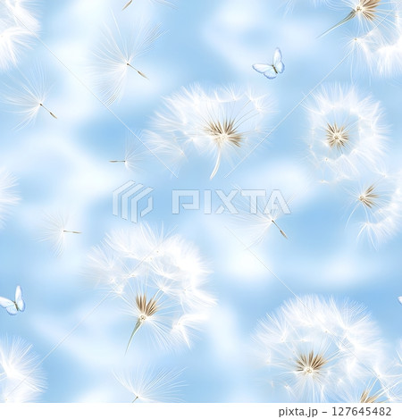 Dreamy illustration featuring dandelion seeds floating in the air against a soft blue sky with delicate butterflies. Perfect for nature themes, relaxation concepts, and creative designs. 127645482
