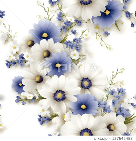 Elegant floral arrangement featuring white and blue daisies with delicate greenery on a seamless white background. Perfect for invitations, textile designs. 127645488
