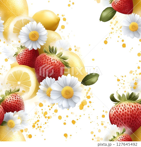 Bright and fresh composition featuring strawberries, lemons, and white daisies with watercolor splashes on a white background. Perfect for food packaging, decor, or summer designs. 127645492