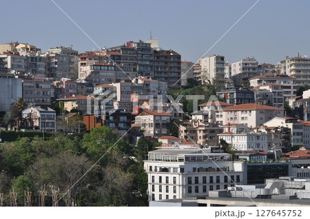 Istanbul. Taksim district aerial view from cruise ship. Galataport waterfront in Karakoy 127645752