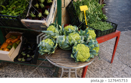 Cauliflower in the market, close-up. Fresh cauliflower 127645753