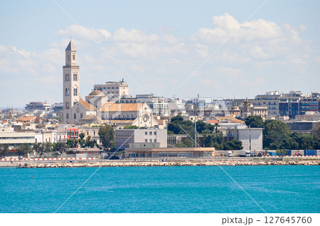Bari, Italy - May 10, 2025: Aerial view from sea of San Sabino cathedral at Bari at Italy 127645760