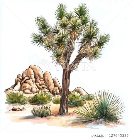 Joshua Tree National Park. Joshua Tree National Park hand drawn watercolor illustration 127645825
