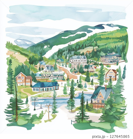 Mont-Tremblant . Mont-Tremblant  hand drawn watercolor illustration 127645865