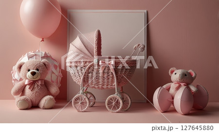 A charming pink baby carriage is displayed with a plush teddy bear and a balloon, creating a delightful scene for welcoming a new addition to the family. A charming pink baby carriage is displayed with a plush teddy bear and a balloon, creating a delightful scene for welcoming a new addition to the family. 127645880