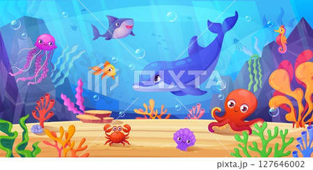 Underwater animals landscape. Seabed animal sea life scene ocean world, marine cute fish under water creature dolphin aquatic bottom reef plant cartoon swanky vector illustration Underwater animals landscape. Seabed animal sea life scene ocean world, marine cute fish under water creature dolphin aquatic bottom reef plant cartoon swanky vector illustration 127646002