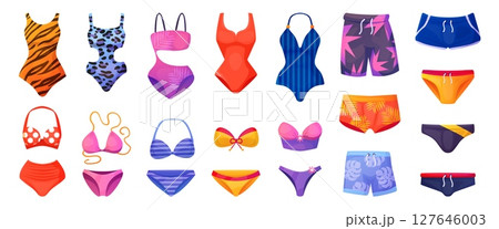 Cartoon swim underwear. Swimsuit and swimming trunks, male female swimwear women bikini men pants shorts swim summer beach clothes beachwear collection swanky vector illustration Cartoon swim underwear. Swimsuit and swimming trunks, male female swimwear women bikini men pants shorts swim summer beach clothes beachwear collection swanky vector illustration 127646003