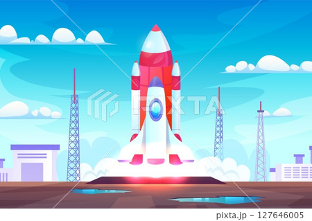 Rocket launch station. Satellite start up to space, spaceship development shuttle take off aerospace pad control cosmic expedition mission rocketship, swanky vector illustration 127646005
