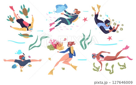 People scuba diving. Diver dive sea ocean underwater, man woman snorkel swim under water coral reef frogman immersion swimmer suit divers equipment, set classy vector illustration People scuba diving. Diver dive sea ocean underwater, man woman snorkel swim under water coral reef frogman immersion swimmer suit divers equipment, set classy vector illustration 127646009