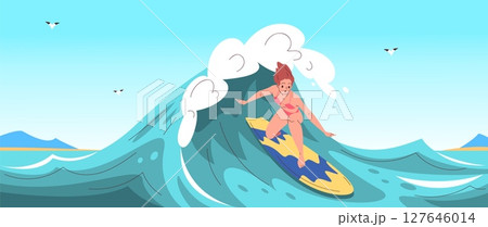 Woman surfer on wave. Girl in swimsuit ride surf board ocean waves, female surfing extreme water sport summer hawaii vacation beach surfboard activity, classy vector illustration Woman surfer on wave. Girl in swimsuit ride surf board ocean waves, female surfing extreme water sport summer hawaii vacation beach surfboard activity, classy vector illustration 127646014