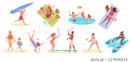 People beach activities. Woman man in swimwear characters, summer vacation activity relaxing sunbathing ocean sea water game seaside outdoor leisure set classy vector illustration People beach activities. Woman man in swimwear characters, summer vacation activity relaxing sunbathing ocean sea water game seaside outdoor leisure set classy vector illustration 127646015