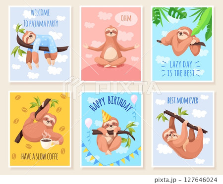 Lazy sloths cards. Cartoon cute sleepy sloth...のイラスト素材 [127646024] - PIXTA