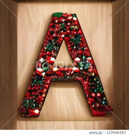 Letter A decorated with Christmas ornaments on a wooden door. Letter A decorated with Christmas ornaments on a wooden door. 127646387