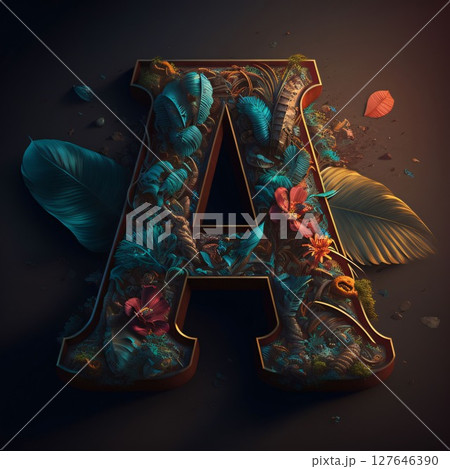 Letter A made of tropical leaves and flowers. 3D render. 127646390