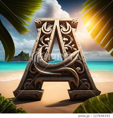 Wooden letter A on a tropical beach. 3D render. 127646391
