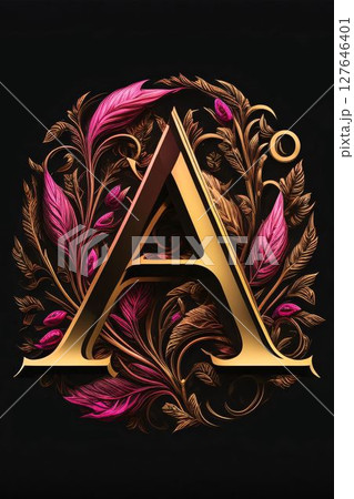Letter A with beautiful floral ornament on black background. Vector illustration. Letter A with beautiful floral ornament on black background. Vector illustration. 127646401