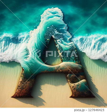 Letter A Surrounded by Ocean Waves. 3D Rendering. 127646423