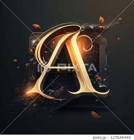 Elegant black and gold letter A with splash and fire. 127646449