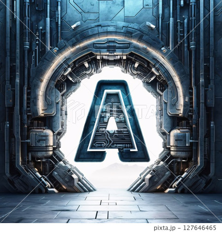 3D rendering of futuristic science fiction tunnel corridor with glowing letter A 3D rendering of futuristic science fiction tunnel corridor with glowing letter A 127646465