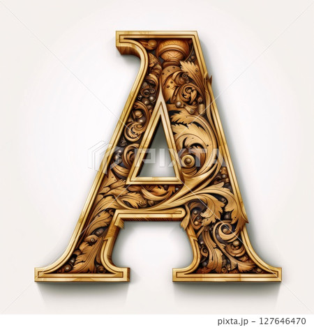 Gold letter A in Victorian style with floral ornament. 3D render 127646470