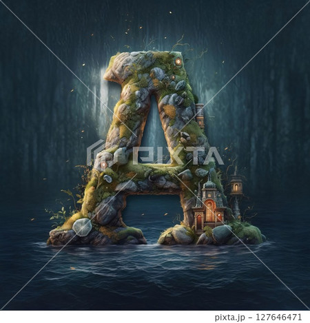 Fantasy letter A in the sea. Fantasy font. 3D rendering 127646471
