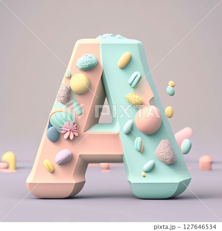 Alphabet letter A uppercase in pastel blue, pink and beige colors with abstract figures. 3d rendering Alphabet letter A uppercase in pastel blue, pink and beige colors with abstract figures. 3d rendering 127646534
