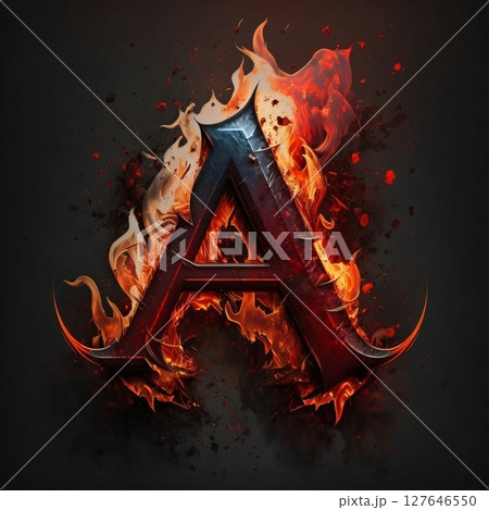 Flaming letter A on a black background. 3D illustration 127646550