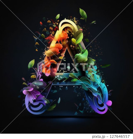 Colorful floral font, letter A, 3d render, dark background Colorful floral font, letter A, 3d render, dark background 127646557
