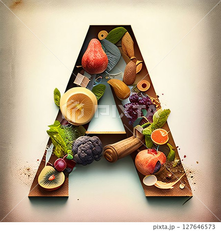 Letter A made of fruits and vegetables. Healthy food concept. Vintage style. 127646573